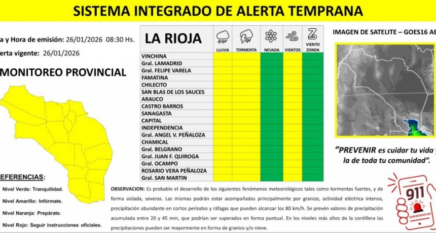 Se emiti&oacute; un alerta amarillo para el territorio provincial por lluvias, tormentas y vientos