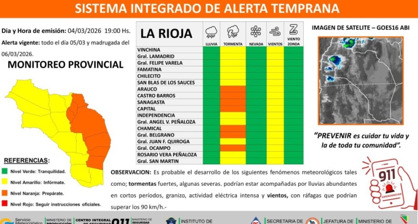 Emiten alerta amarilla por tormentas y vientos para gran parte de La Rioja