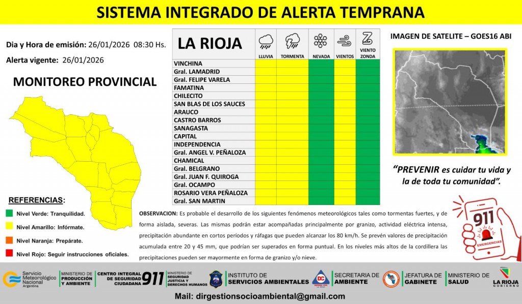 Se emitió un alerta amarillo para el territorio provincial por lluvias, tormentas y vientos