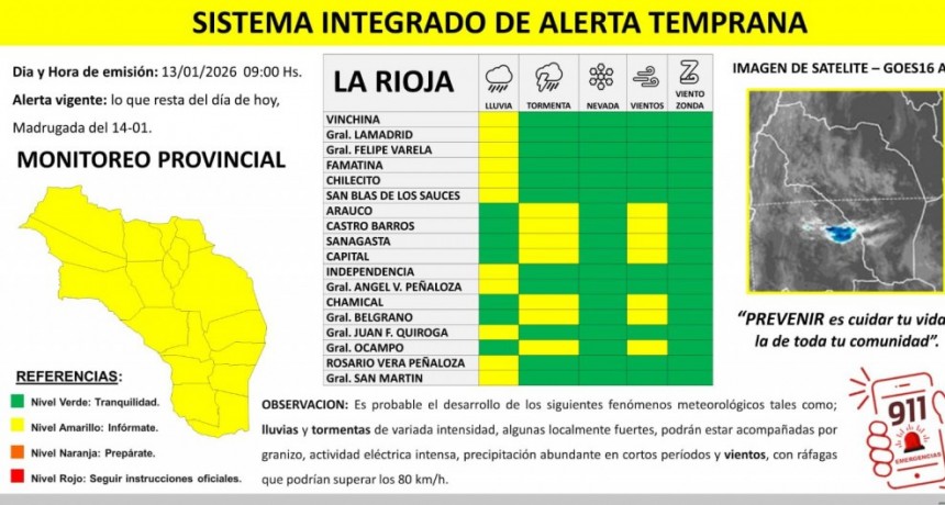 Rige alerta meteorológica para varios departamentos de la provincia