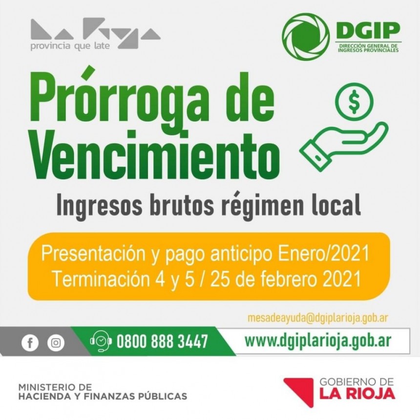 DGIP informa prórroga de vencimientos para contribuyentes de Ingresos Brutos régimen local