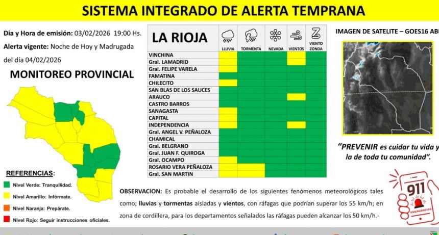 Alerta amarilla por lluvias, tormentas y vientos en distintos departamentos de la provincia