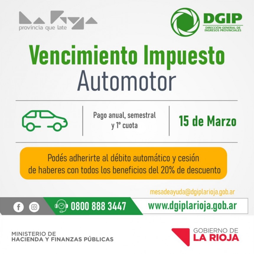 Informan vencimiento del pago anual, semestral y 1° cuota del impuesto automotor