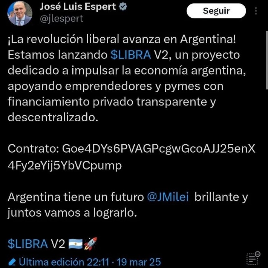 Tras el supuesto hackeo a la cuenta de Espert, Libra V2 acumuló más de 120 millones de dólares en media hora