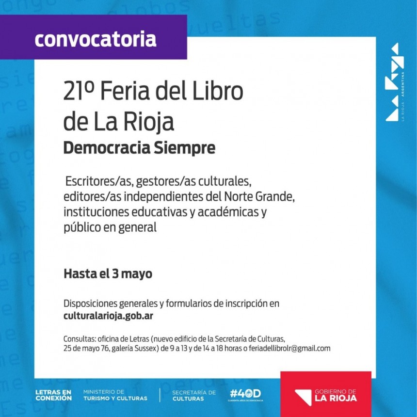 Lanzan convocatoria para la 21° Feria del Libro de La Rioja - “Democracia Siempre”