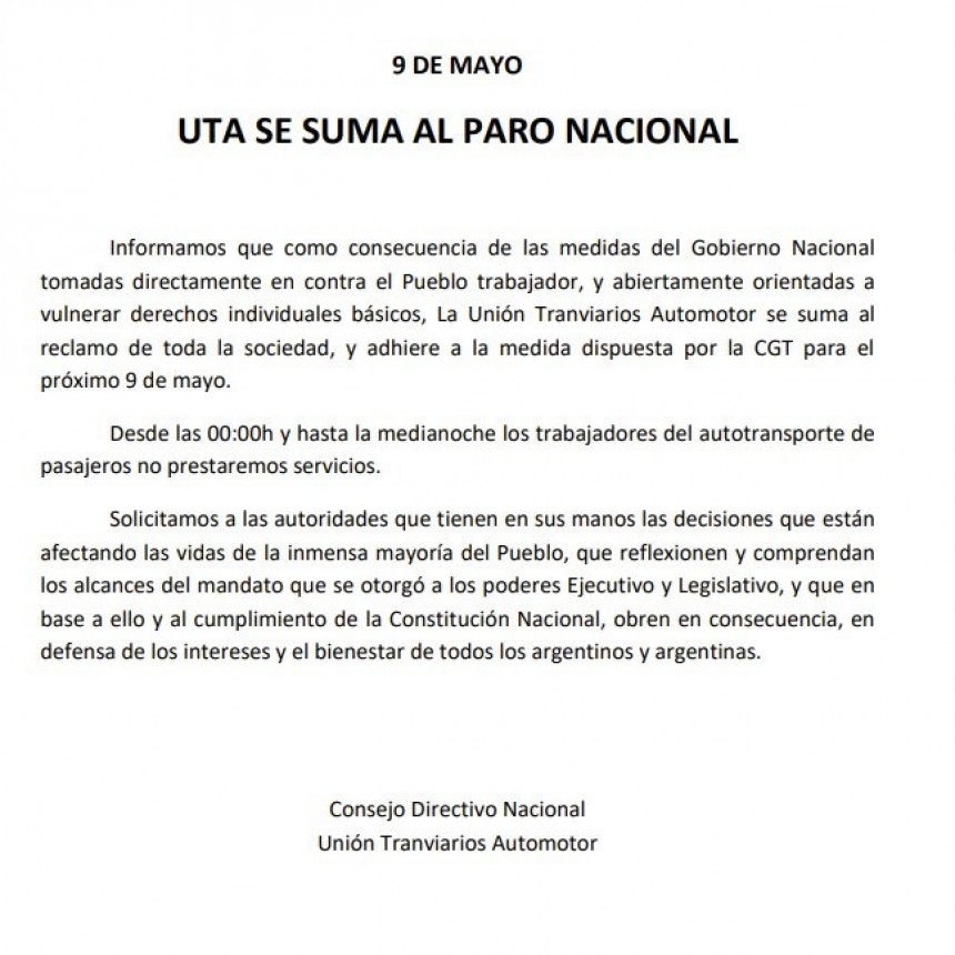 9M: La UTA se suma al paro nacional 