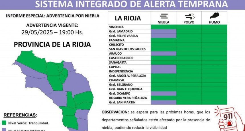 Lanzan alerta por posible niebla en varios departamentos de La Rioja