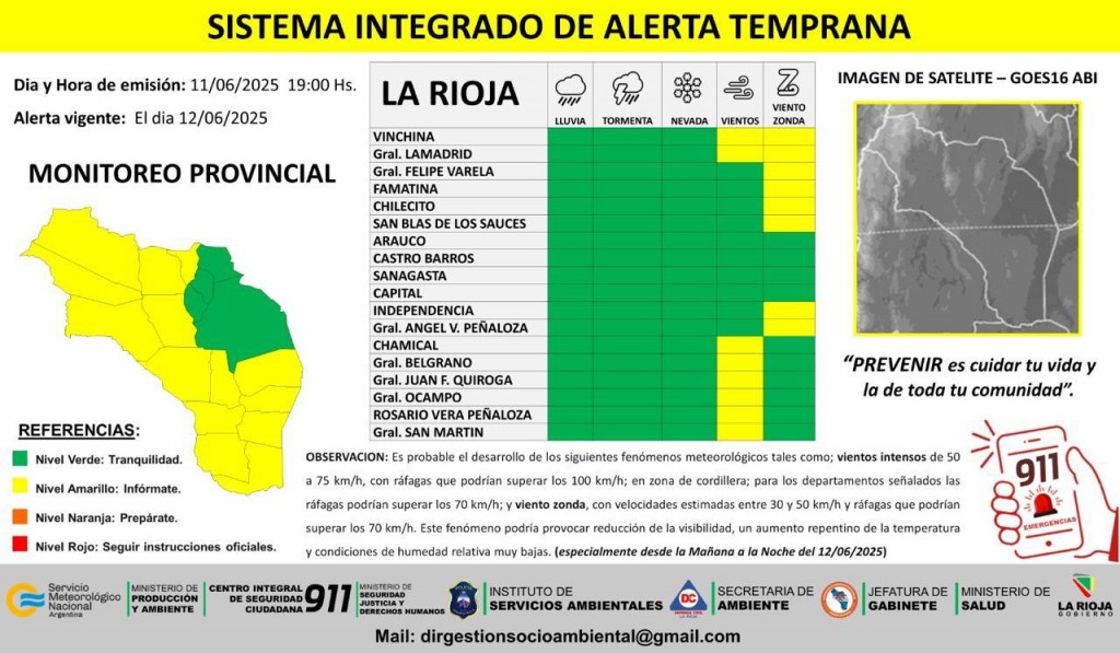 Alerta por posibles vientos de variada intensidad en La Rioja