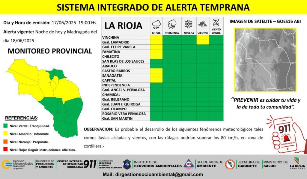 Alertan por lluvias de variada intensidad para ocho departamentos de La Rioja