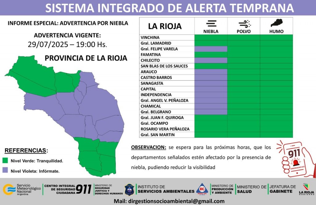 Difunden alerta por vientos para gran parte del territorio provincial