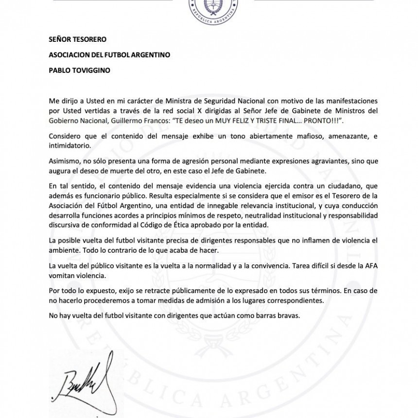 Bullrich le pidió a Toviggino que se retracte de las amenazas contra Guillermo Francos
