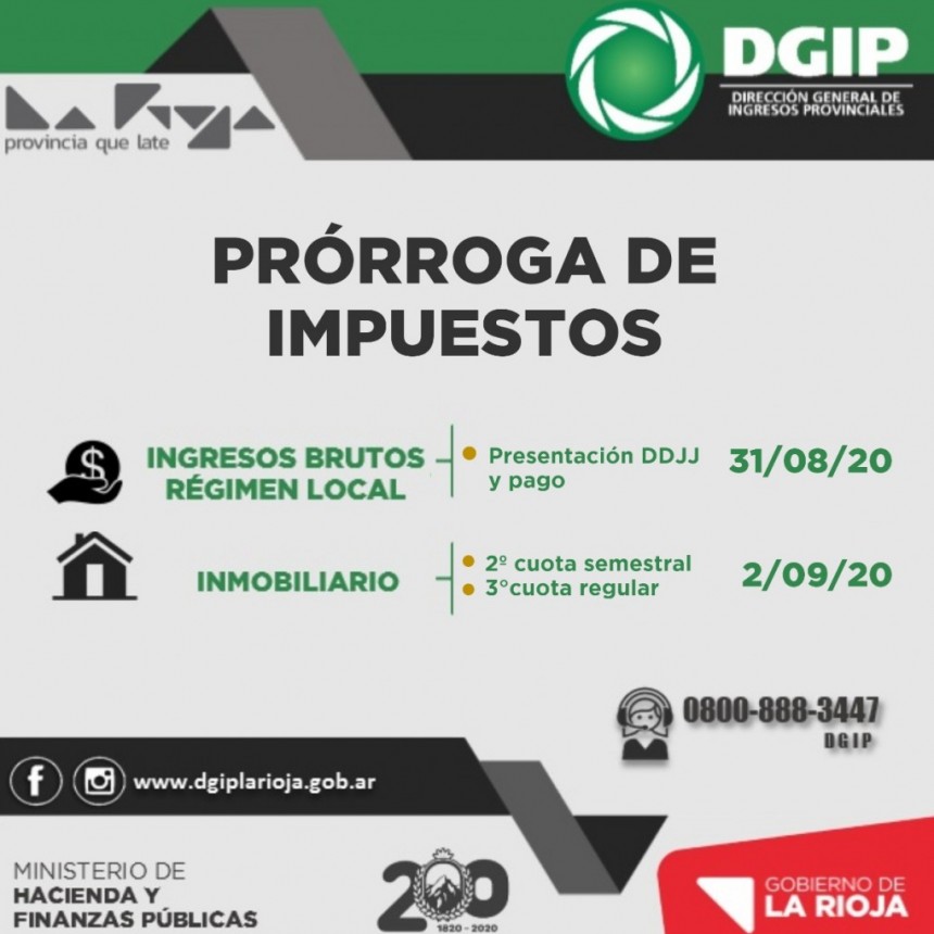 DGIP informa prórroga de impuestos sobre los ingresos brutos régimen local y del impuesto inmobiliario