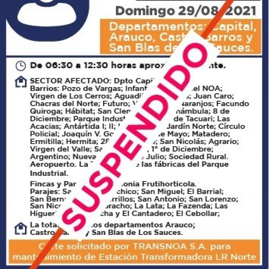 Se suspendió el corte del servicio eléctrico programado para el domingo