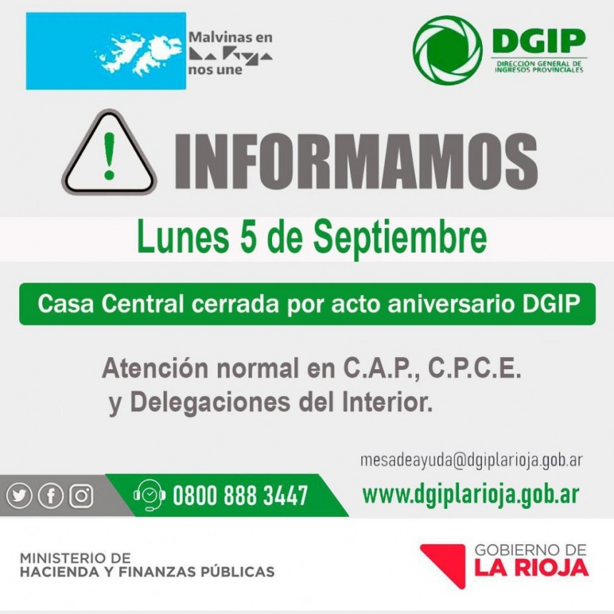 Las dependencias de la DGIP permanecerán cerradas este lunes por celebrar un nuevo aniversario