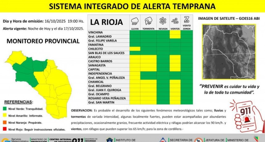 Difunden alerta amarilla por posibles lluvias y vientos intensos