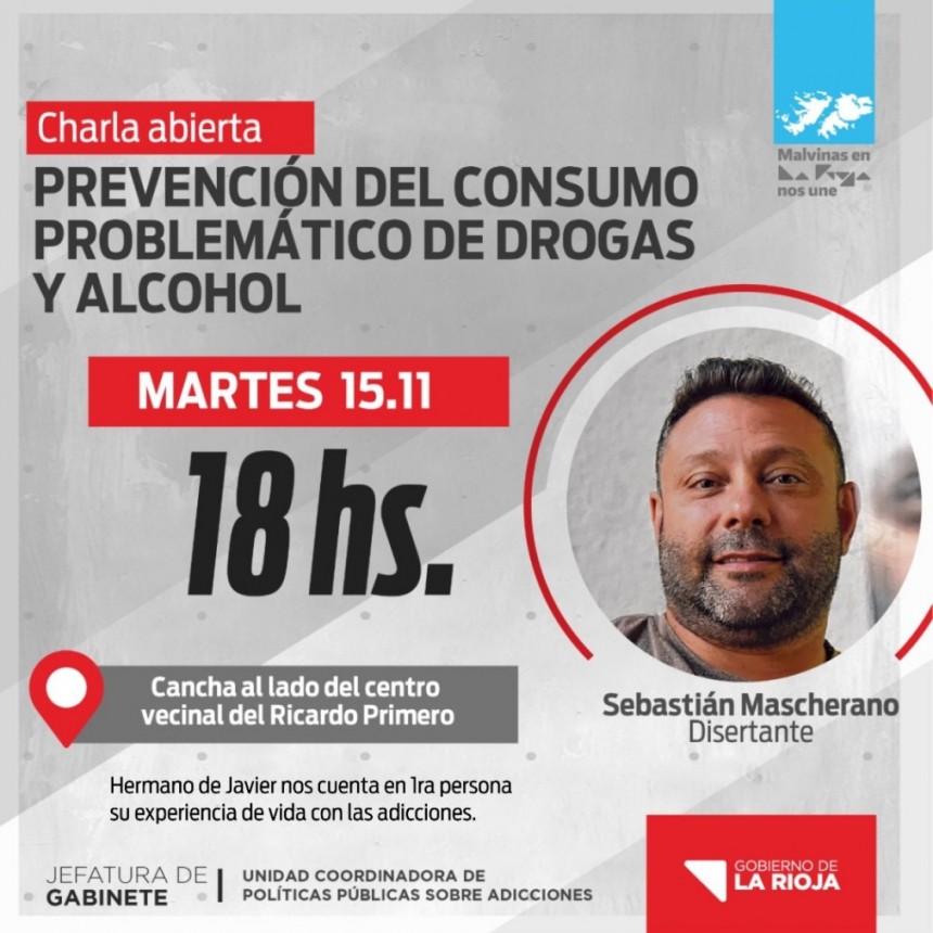 Dictarán charla de prevención sobre consumo problemático de drogas y alcohol