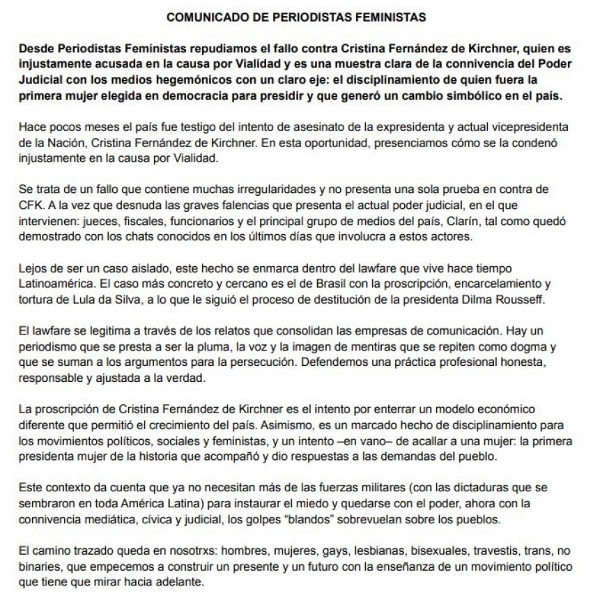 Comunicado de Periodistas Feministas